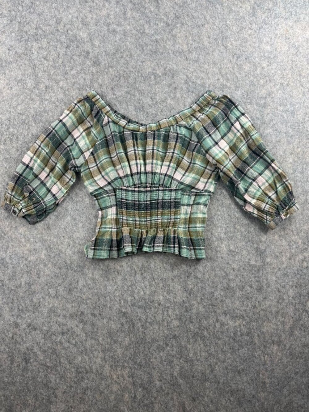 Free People Teagan Plaid Puff Sleeve Top Sz M Romantic - Picture 2 of 11
